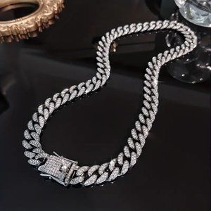 Chain Miami Cuban Necklace rhinestone silver tone 24" long 15mm width